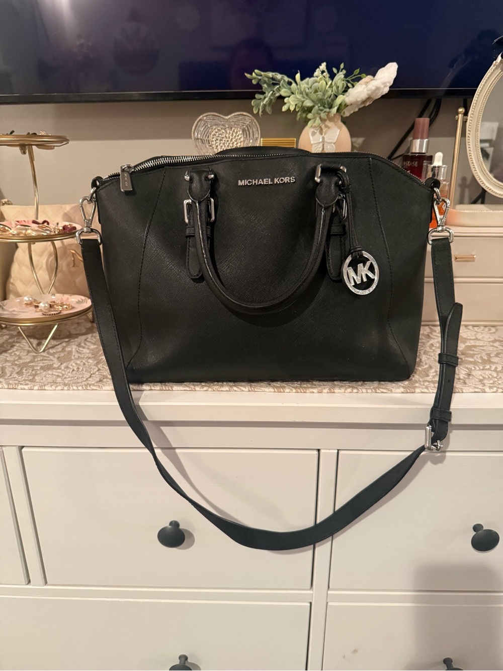 Michael Kors Black Saffiano Leather Satchel with MK Charm and Crossbody Strap